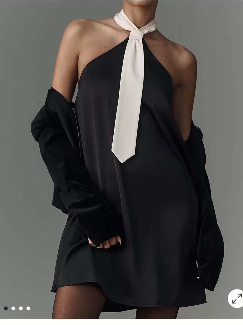 Anthropologie Black Satin Halter Tie Mini with Cream Neck Tie Dress